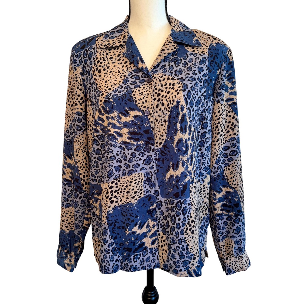 Donn Kenny Classics Blouse Women's Small Blue‎ and Beige Cheetah Leopard Print